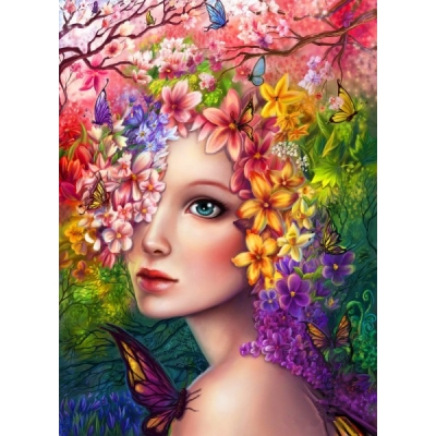 Schilderen op nummer 40x30cm ( met frame): vrouw met bloemen op hoofd